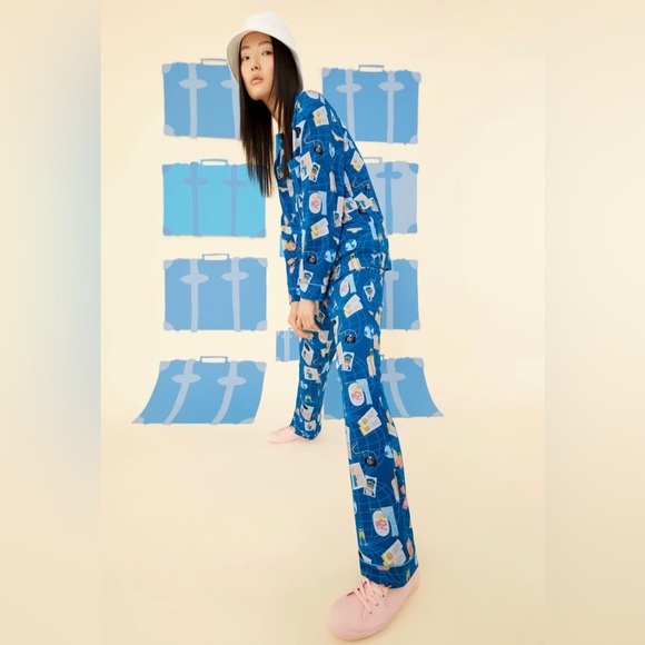 NWT Bedhead Jet Setter Blue Long Sleeve Classic Stretch Jersey PJ Set Sz M & L - Picture 2 of 9